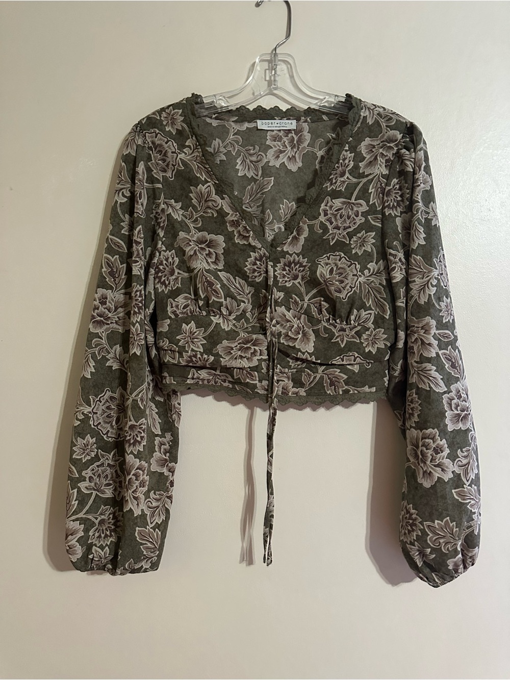 Paper Crane Olive Floral Tie-Front Crop Top
